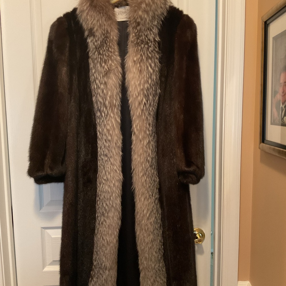 Genuine mink coat with fox trim